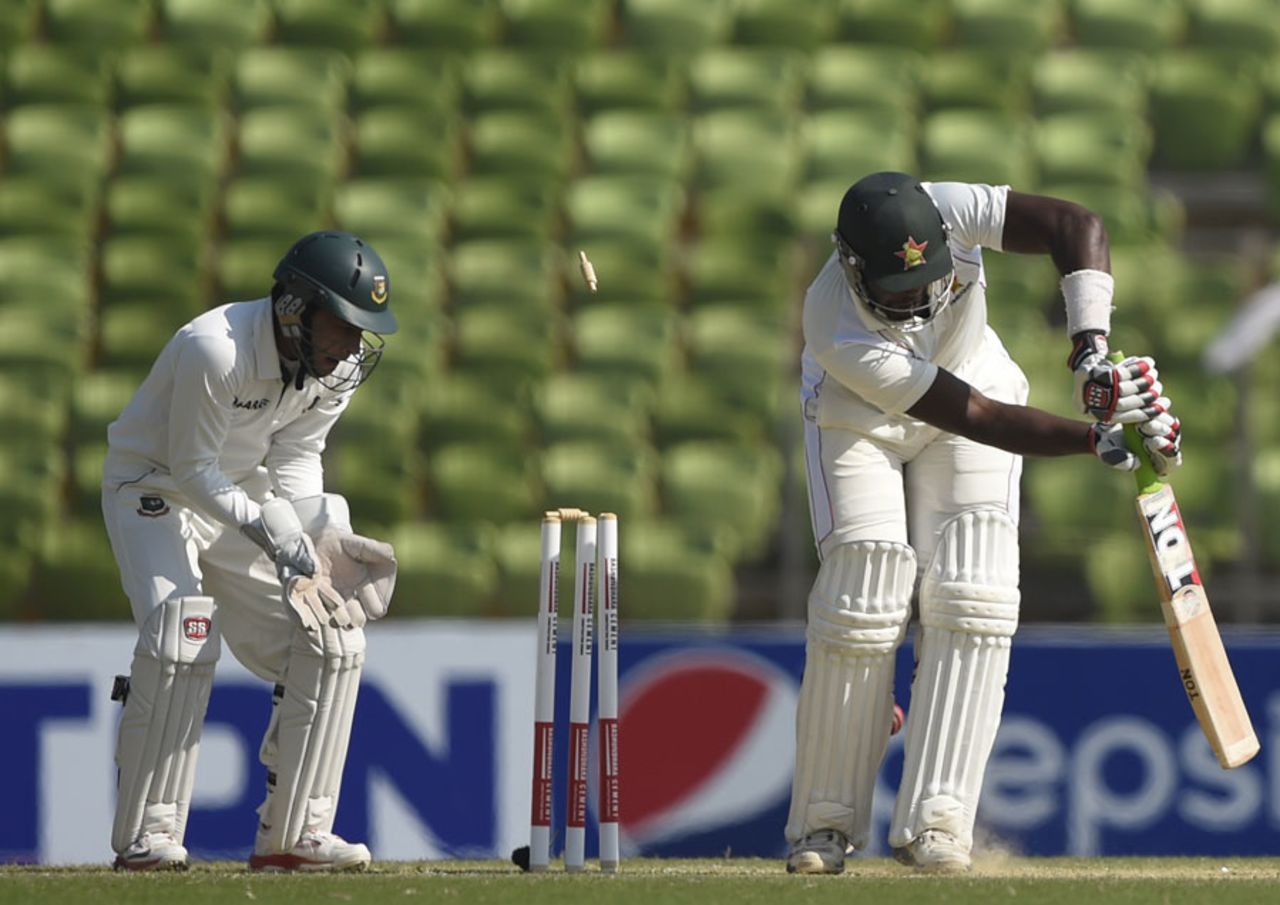 Hamilton Masakadza was bowled for 158, Bangladesh v Zimbabwe, 2nd Test, Khulna, 4th day, November 6, 2014