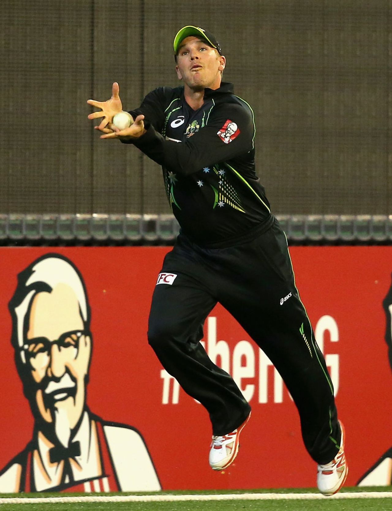 Aaron Finch held on to the catch of JP Duminy in the deep, Australia v South Africa, 2nd T20, Melbourne, November 7, 2014