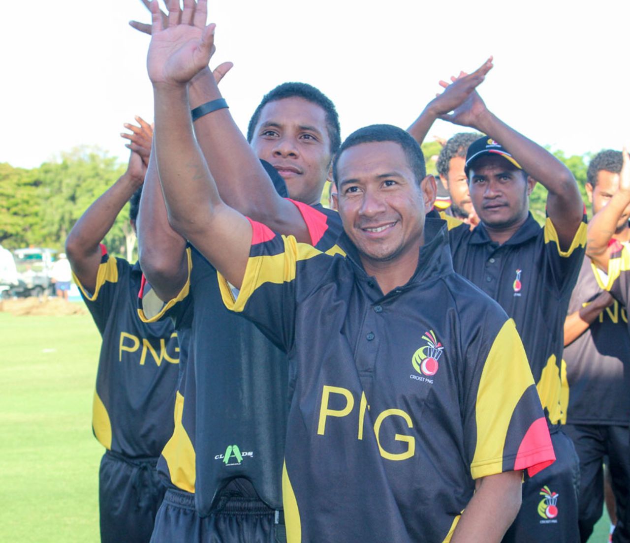 The Papua New Guinea players celebrate their four-wicket win against Hong Kong, Papua New Guinea v Hong Kong, Townsville, November 8, 2014