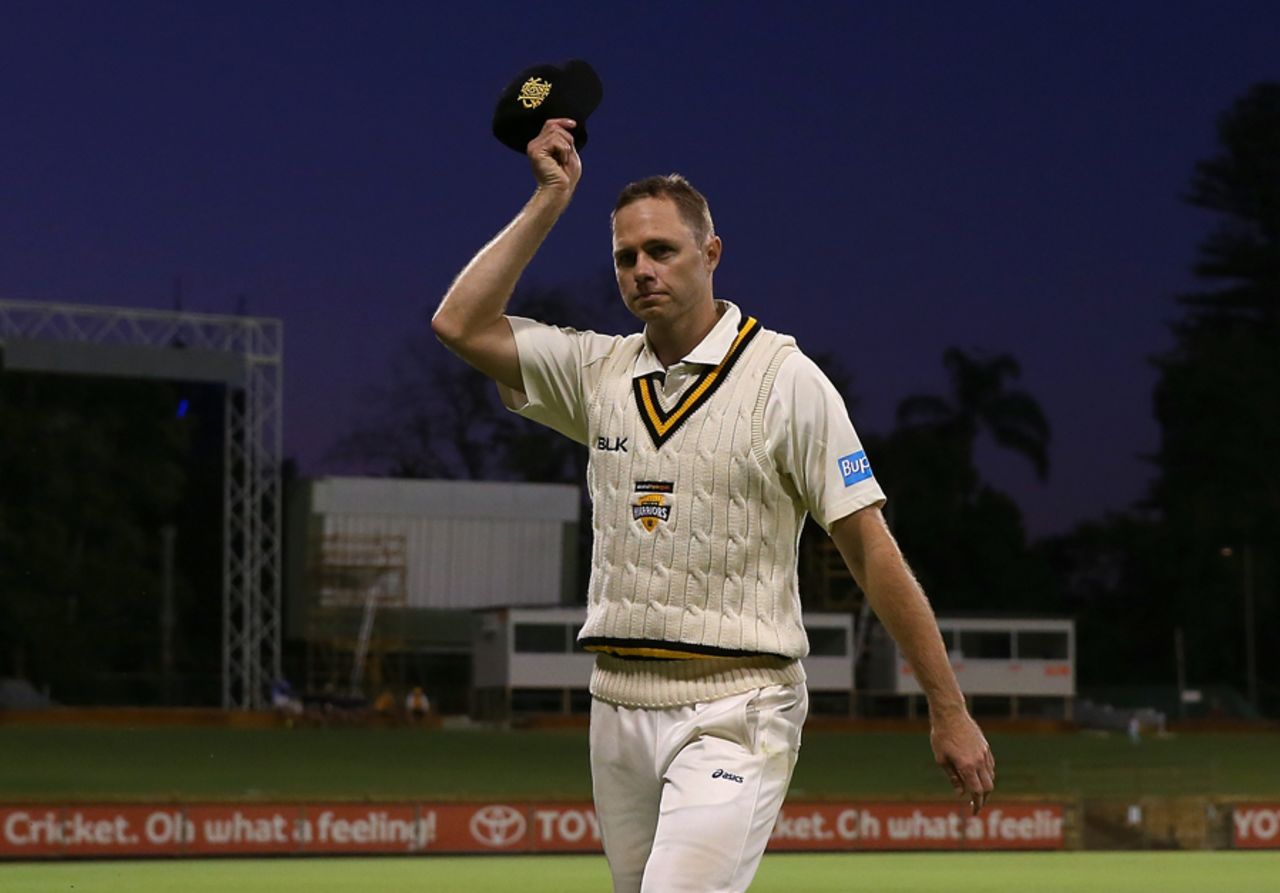 Nathan Rimmington doffs his hat after a five-for, WA v Queensland, Sheffield Shield 2014-15, 1st day, Perth, November 8, 2014