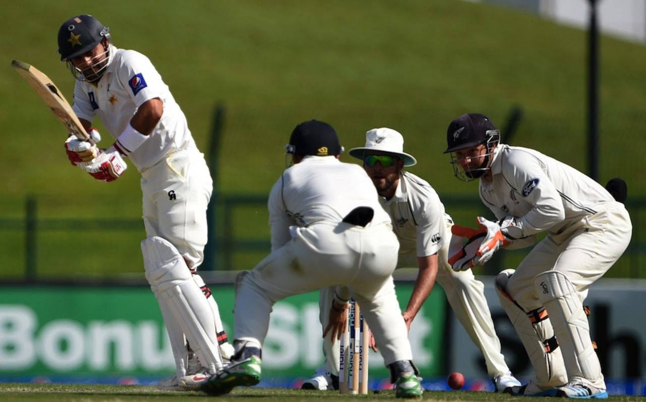 Ahmed Shehzad plays the ball down, Pakistan v New Zealand, 1st Test, Abu Dhabi, 1st day, November 9, 2014