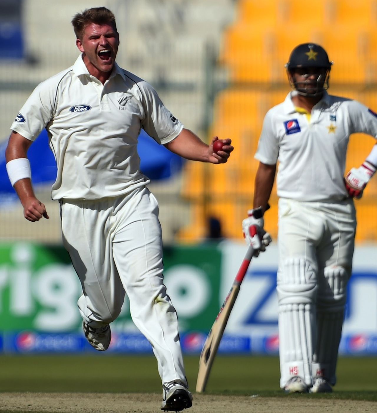 Corey Anderson celebrates New Zealand's first wicket, Pakistan v New Zealand, 1st Test, Abu Dhabi, 1st day, November 9, 2014