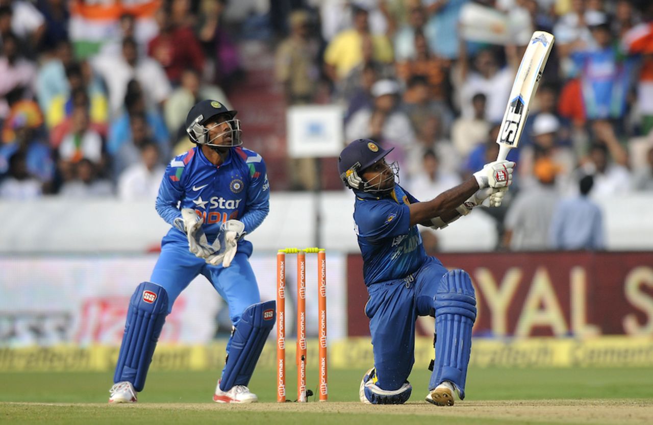 Mahela Jayawardene targets the leg side, India v Sri Lanka, 3rd ODI, Hyderabad, November 9, 2014