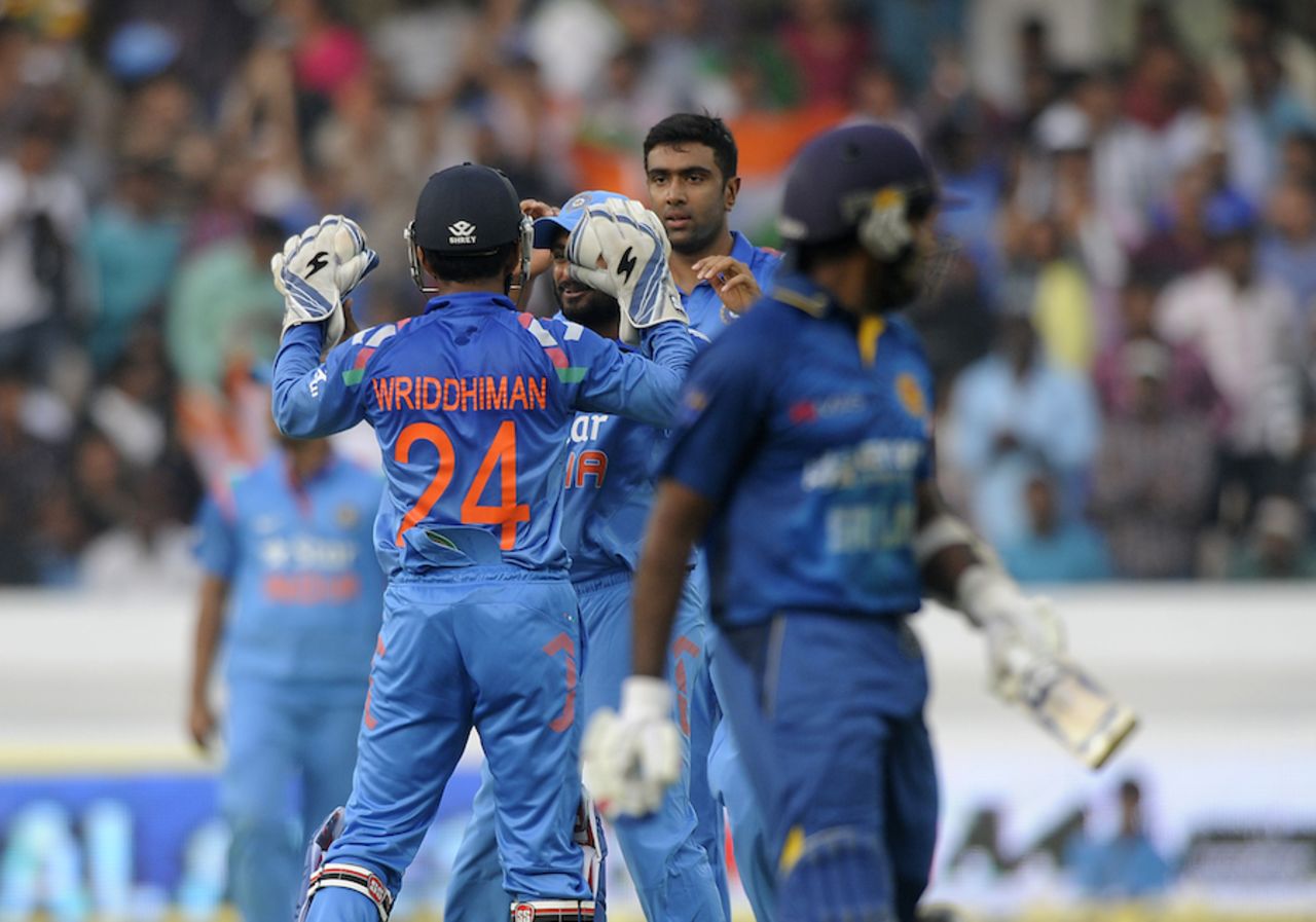 R Ashwin accounted for Mahela Jayawardene's wicket, India v Sri Lanka, 3rd ODI, Hyderabad, November 9, 2014