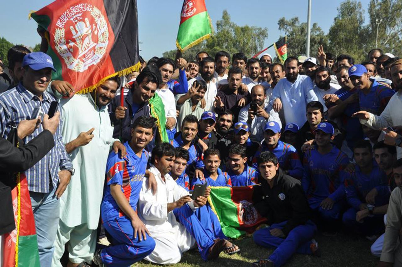 Afghanistan Under-19s and their supporters celebrate their thumping win against Malaysia Under-19s, Asian Cricket Council Under-19 Premier League, Kuwait City, November 9, 2014