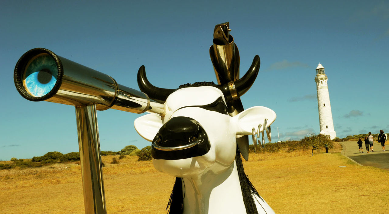 Moorine Marauder, a life-sized fibre glass cow, welcomes visitors to the grounds surrounding the Cape Leeuwin Lighthouse, March 28, 2012