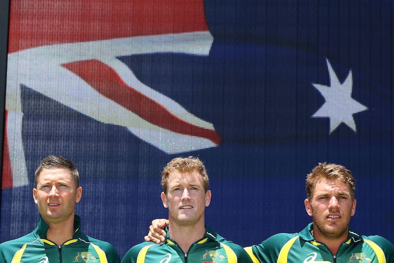 Michael Clarke, George Bailey and Aaron Finch sing the national anthem, Australia v South Africa, 1st ODI, Perth, November 14, 2014