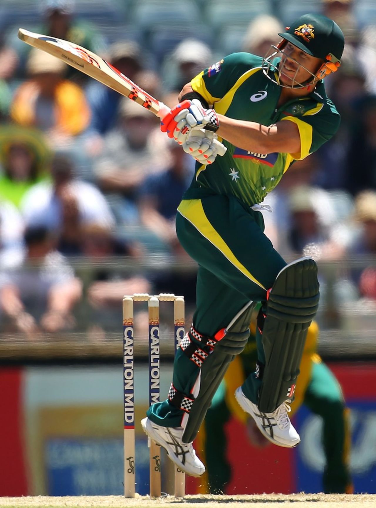 David Warner gets off his toes to pull, Australia v South Africa, 1st ODI, Perth, November 14, 2014