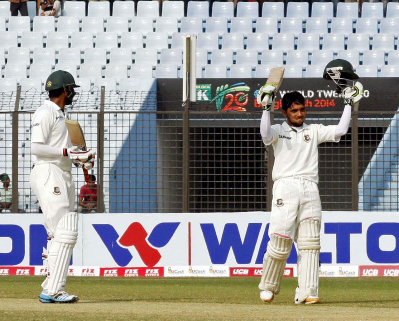 Mominul Haque raises his bat after scoring a century, Bangladesh v Zimbabwe, 3rd Test, Chittagong, 4th day, November 15, 2014