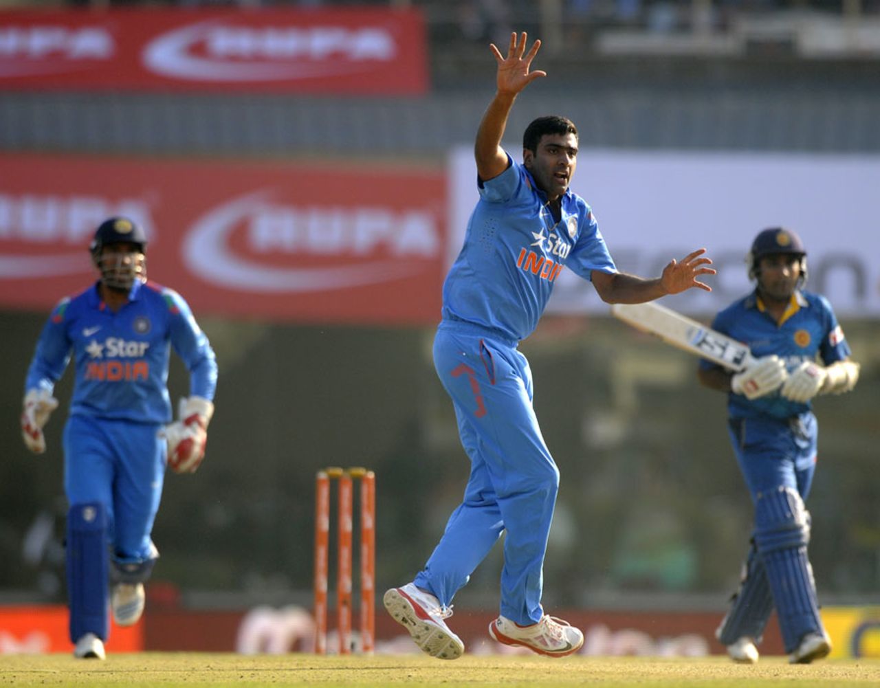R Ashwin appeals successfully for the wicket of Mahela Jayawardene, India v Sri Lanka, 5th ODI, Ranchi, November 16, 2014