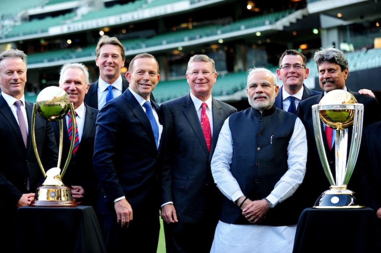 The Prime Ministers of Australia and India with former cricketers at a World Cup event at the MCG, Melbourne, November 18, 2014