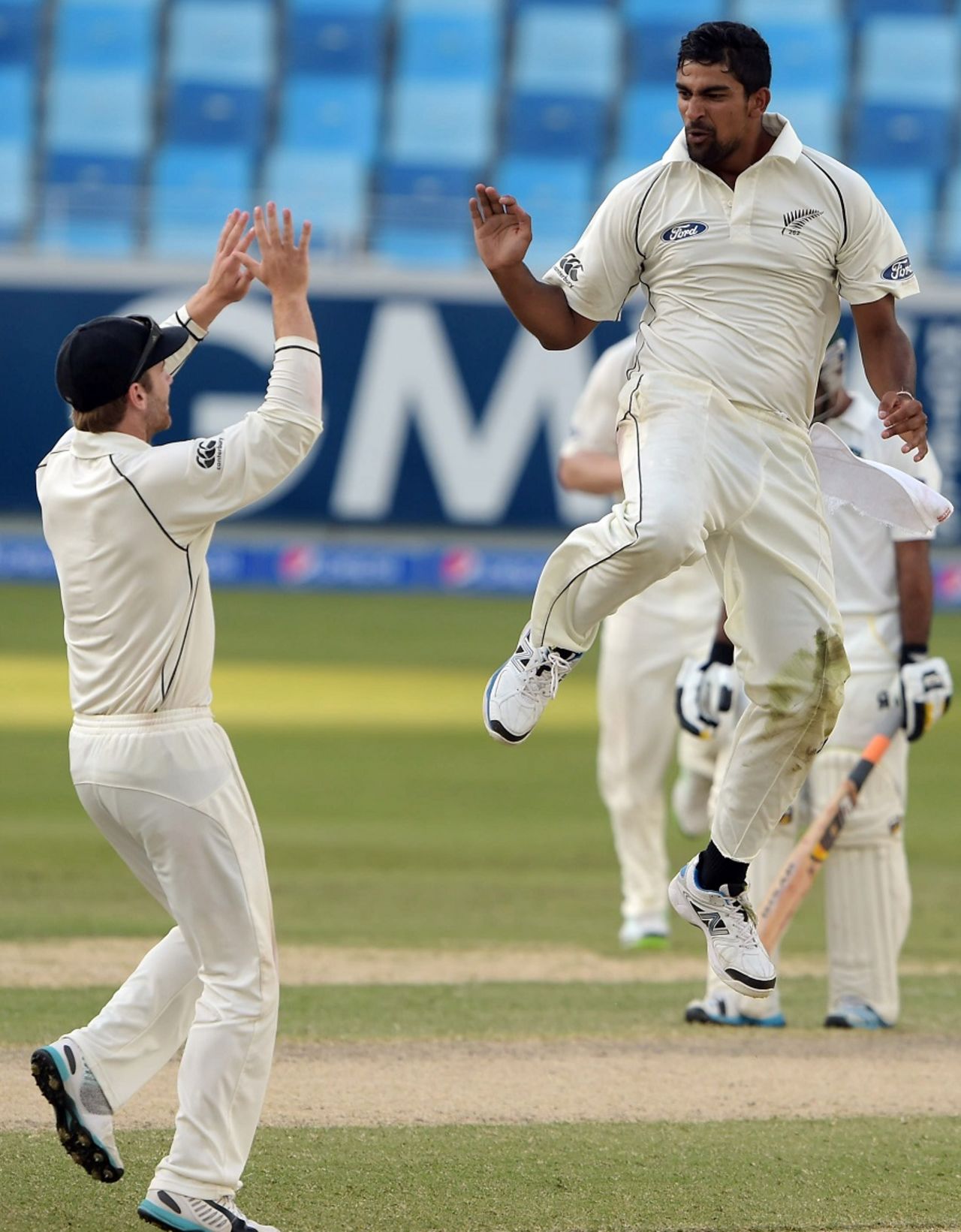 Ish Sodhi leaps in celebration after getting rid of Azhar Ali for 75, Pakistan v New Zealand, 2nd Test, Dubai, 3rd day, November 19, 2014