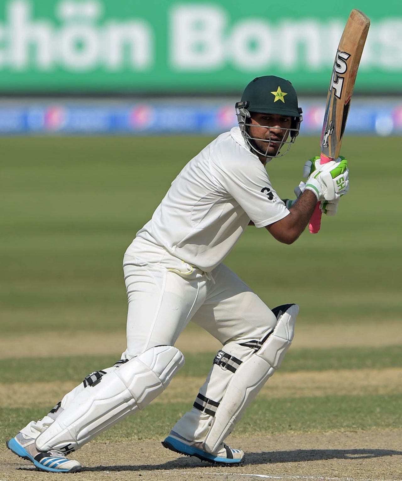 Sarfraz Ahmed looks on after playing to the off side, Pakistan v New Zealand, 2nd Test, Dubai, 4th day, November 20, 2014