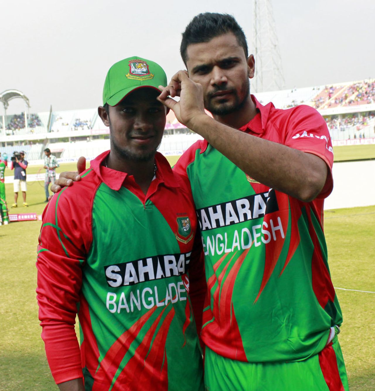 Sabbir Rahman, who made his ODI debut, with Mashrafe Mortaza, Bangladesh v Zimbabwe, 1st ODI, Chittagong, November 21, 2014