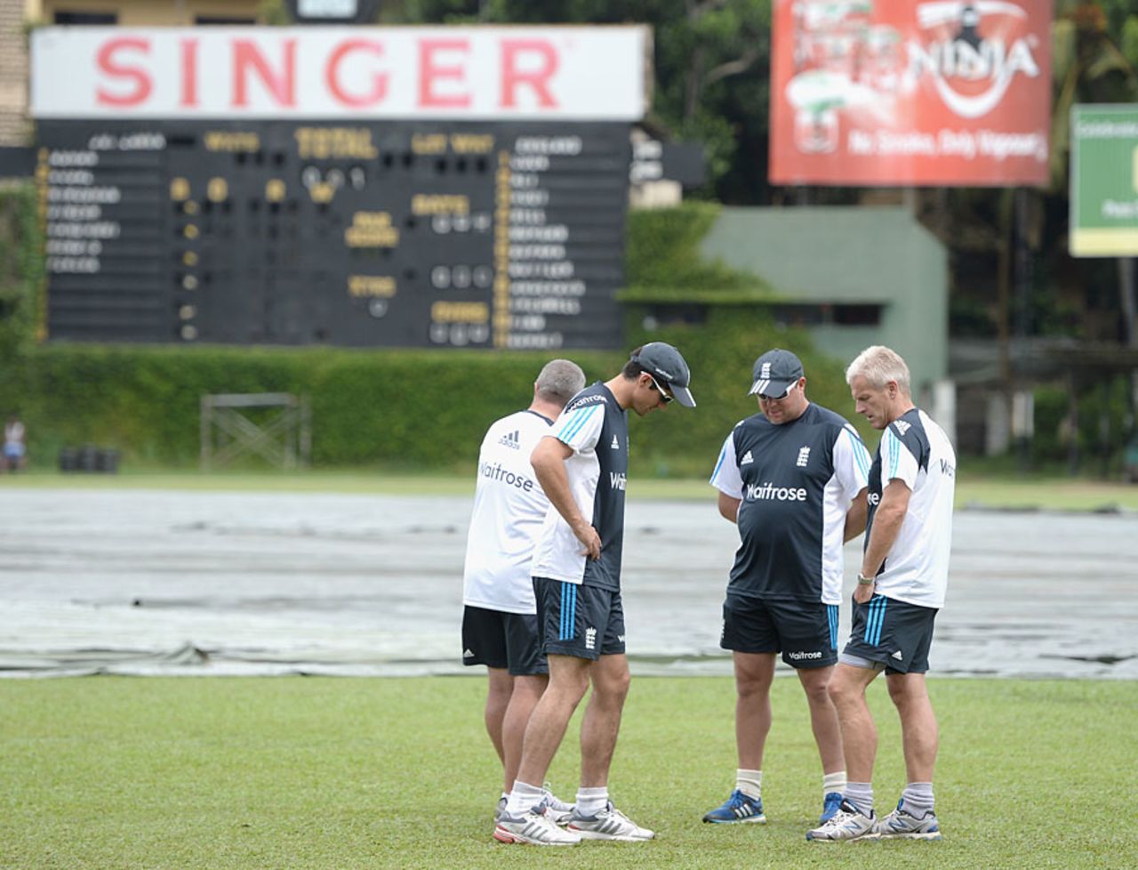 The England hierarchy have a discussion at a wet P Sara, Sri Lanka A v England XI, Tour match, P Sara Oval, Colombo, November 23, 2014
