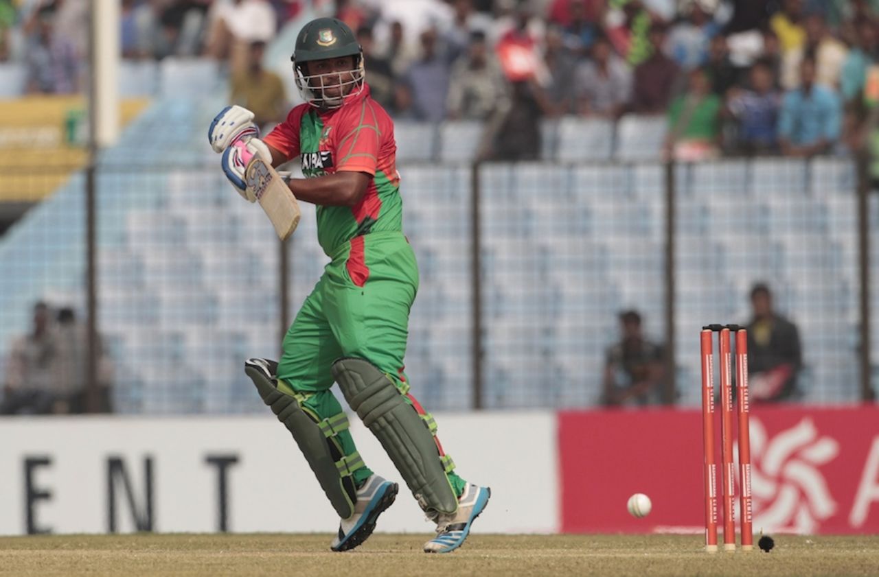 Tamim Iqbal taps the ball on the offside, Bangladesh v Zimbabwe, 2nd ODI, Chittagong, November 23, 2014