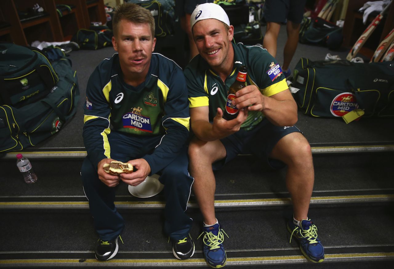 David Warner and Aaron Finch celebrate in the dressing room, Australia v South Africa, 5th ODI, Sydney, November 23, 2014