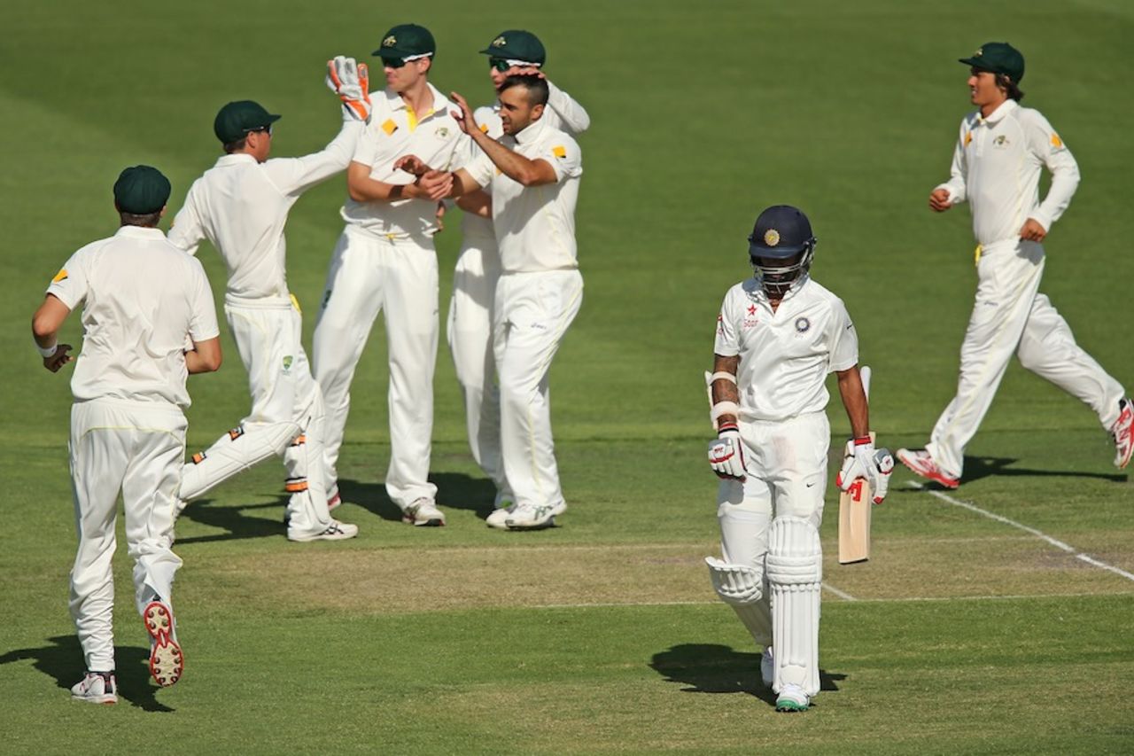 Shikhar Dhawan was out for 10, Cricket Australia XI v Indians, Gliderol Stadium, Adelaide, 1st day, November 24, 2014