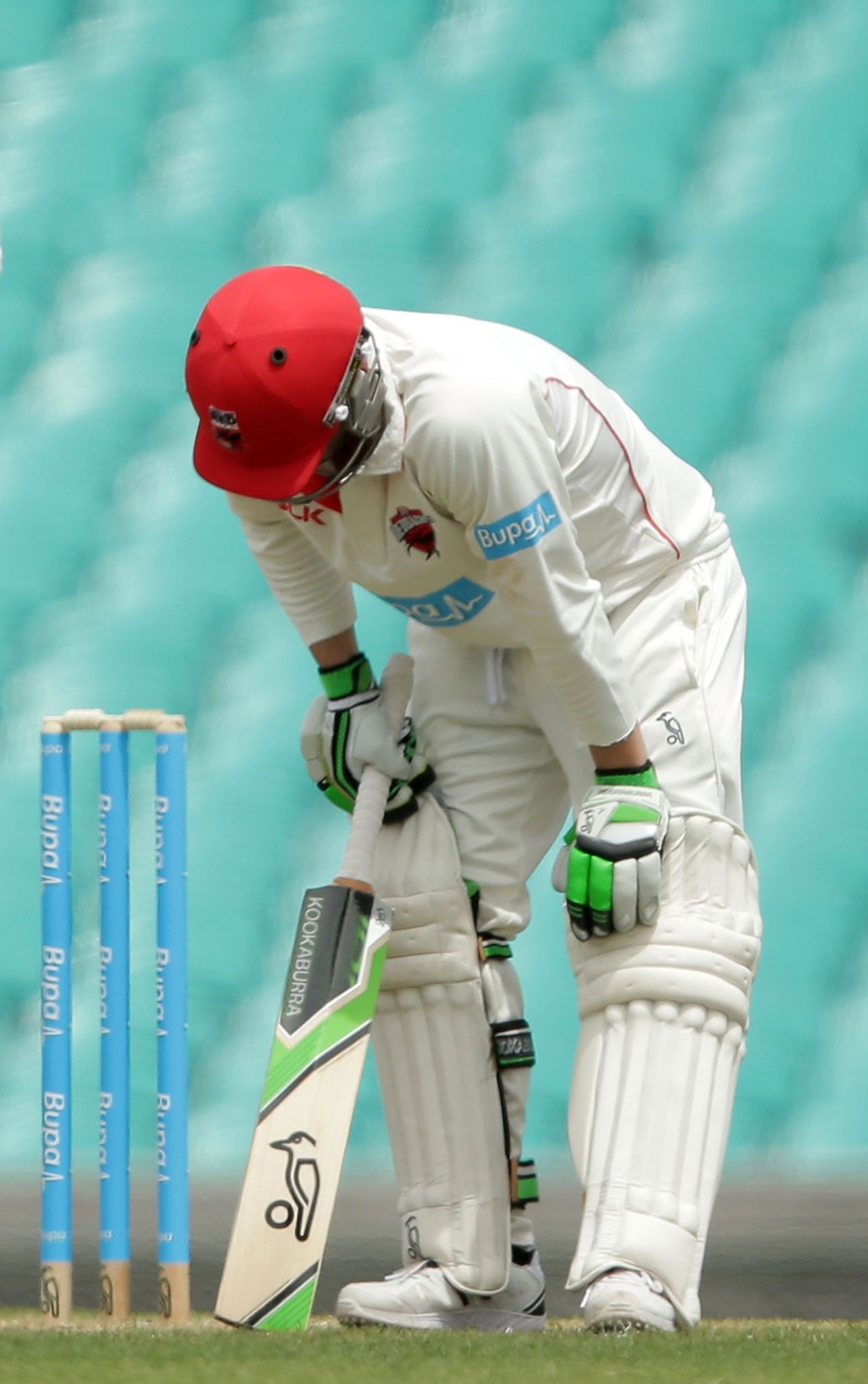 Phillip Hughes tries to gather himself after being struck by a Sean Abbott bouncer, New South Wales v South Australia, Sheffield Shield, Sydney, 1st day, November 25, 2014