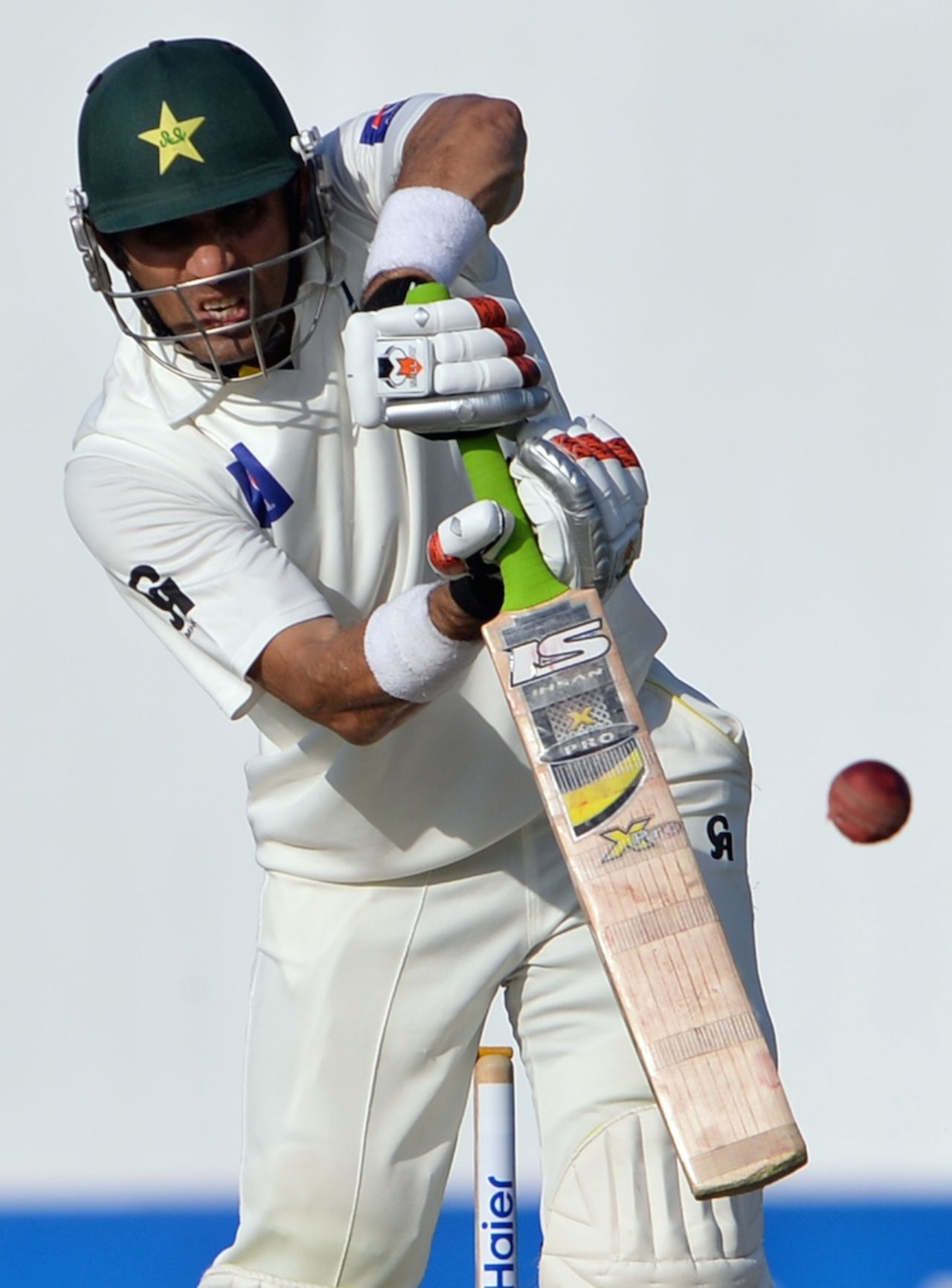 Misbah-ul-Haq pushes the ball back, Pakistan v New Zealand, 3rd Test, Sharjah, 1st day, November 26, 2014