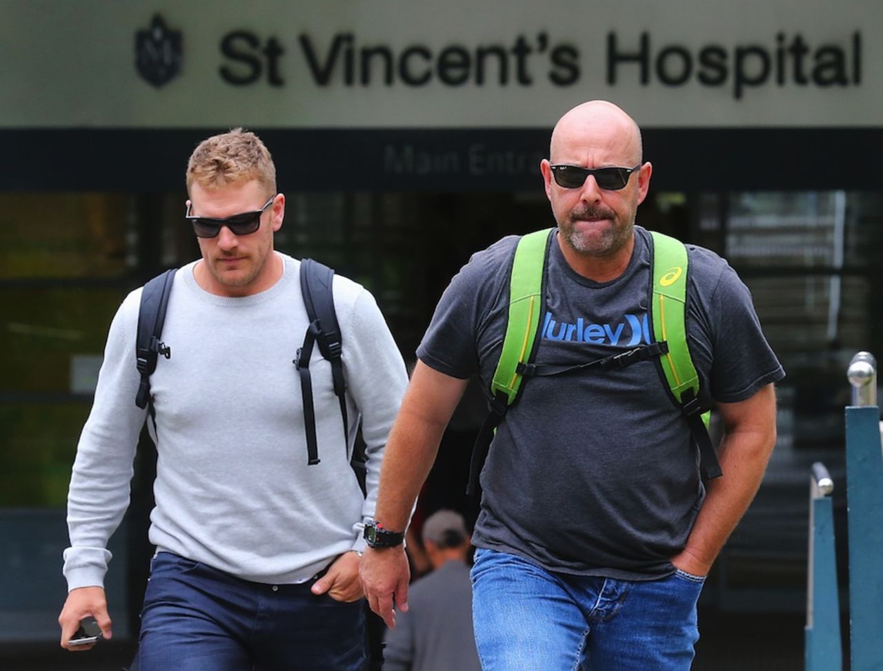 Aaron Finch and Darren Lehmann at St. Vincent's Hospital in Sydney, where Phillip Hughes was treated for a head injury, November 27, 2014