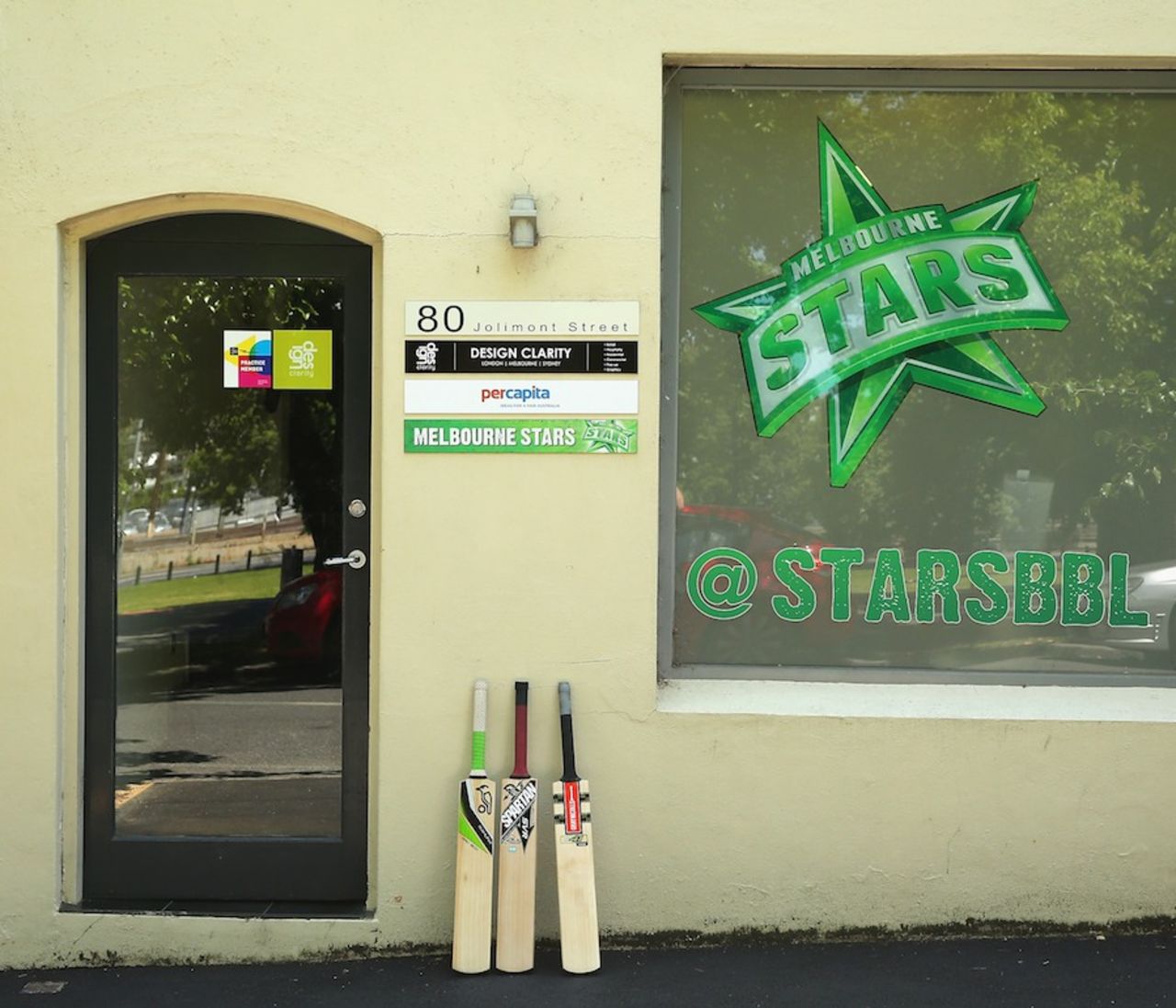 Bats placed outside the Melbourne Stars office in tribute to Phillip Hughes, November 28, 2014