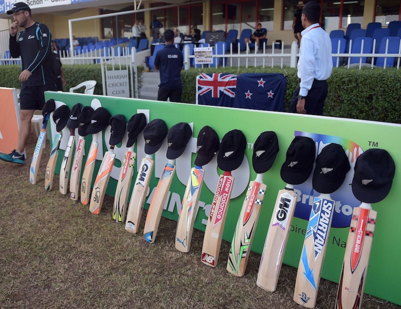 The New Zealand players put their bats out as a tribute for Phillip Hughes, Pakistan v New Zealand, 3rd Test, Sharjah, 2nd day, November 28, 2014