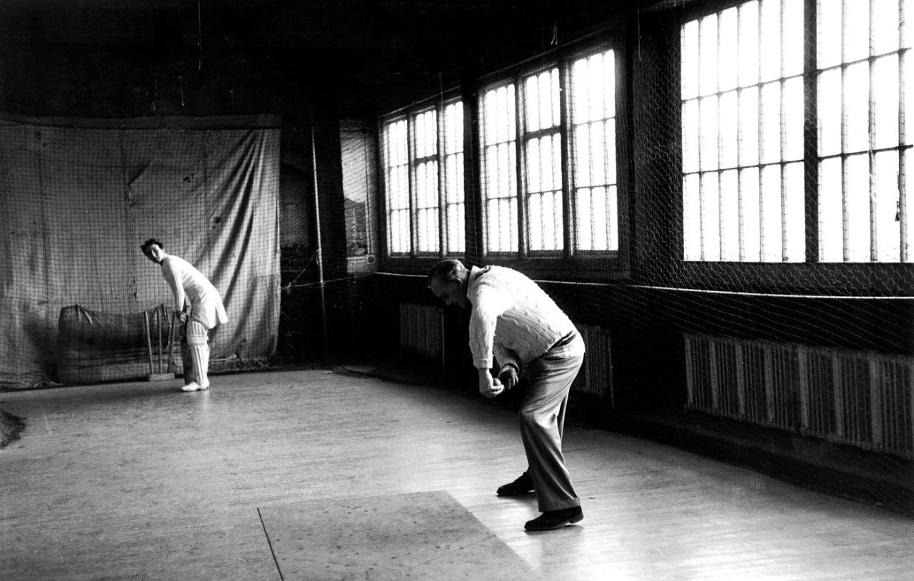Molly Hide practises her batting at indoor cricket nets in Worcester, May 5, 1951