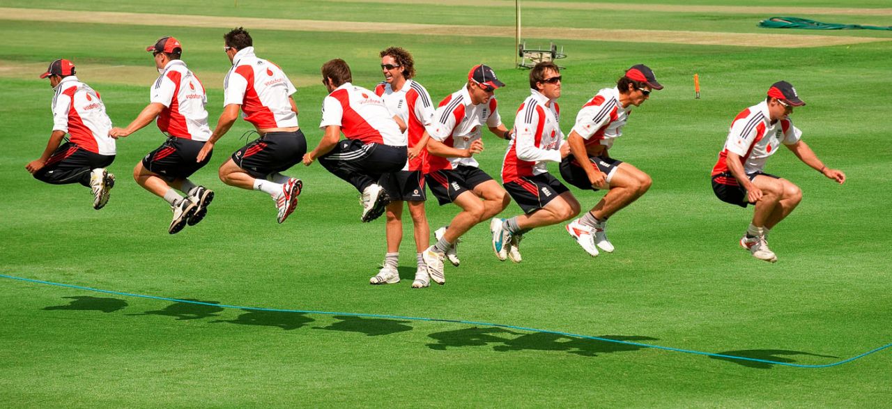 England players skip during a nets session in Cape Town, January 1, 2010