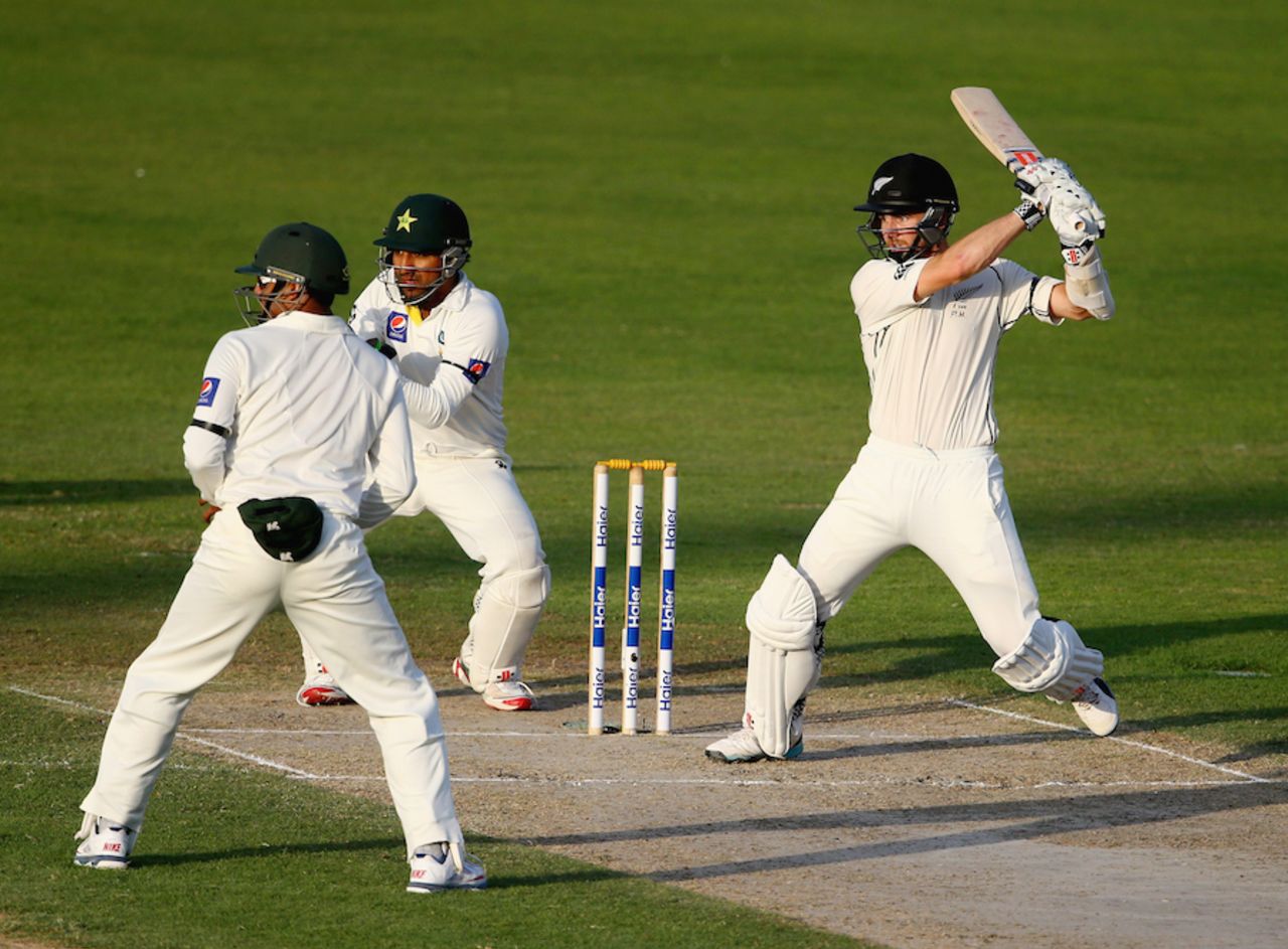 Kane Williamson punches the ball through the off side, Pakistan v New Zealand, 3rd Test, Sharjah, 2nd day, November 28, 2014