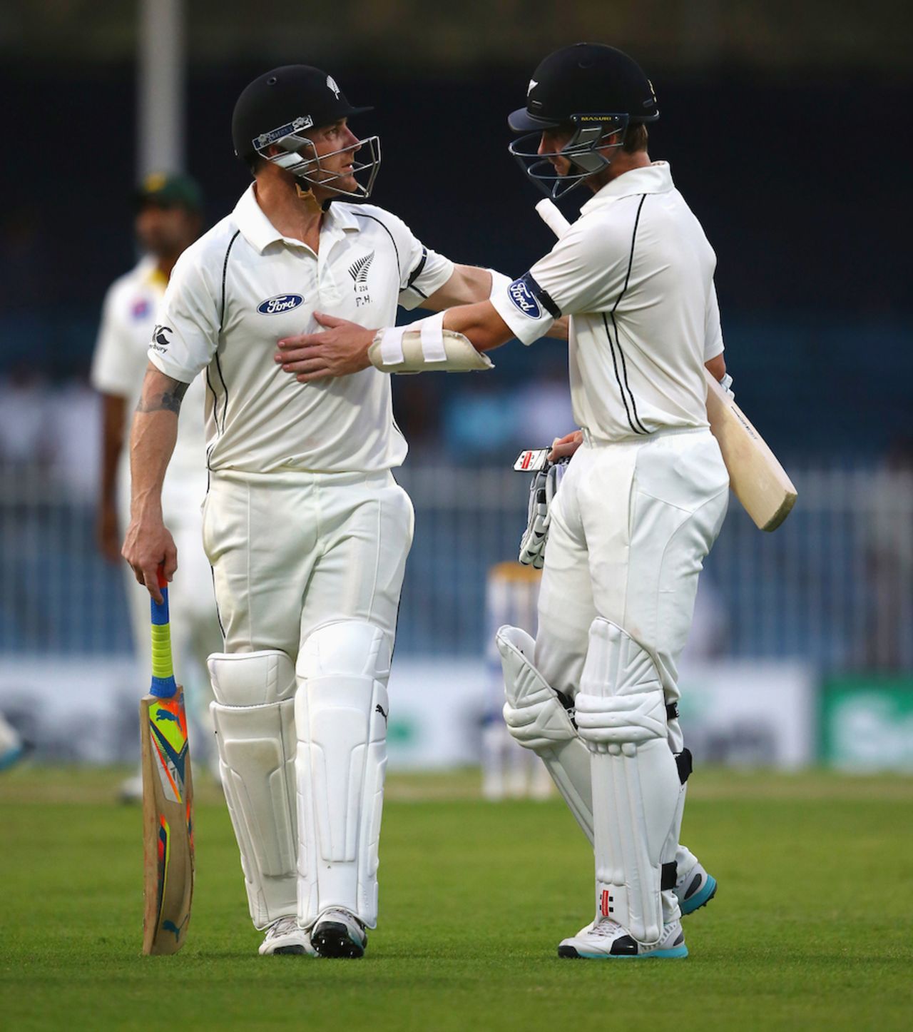 Brendon McCullum Kane Williamson walk back at stumps, Pakistan v New Zealand, 3rd Test, Sharjah, 2nd day, November 28, 2014
