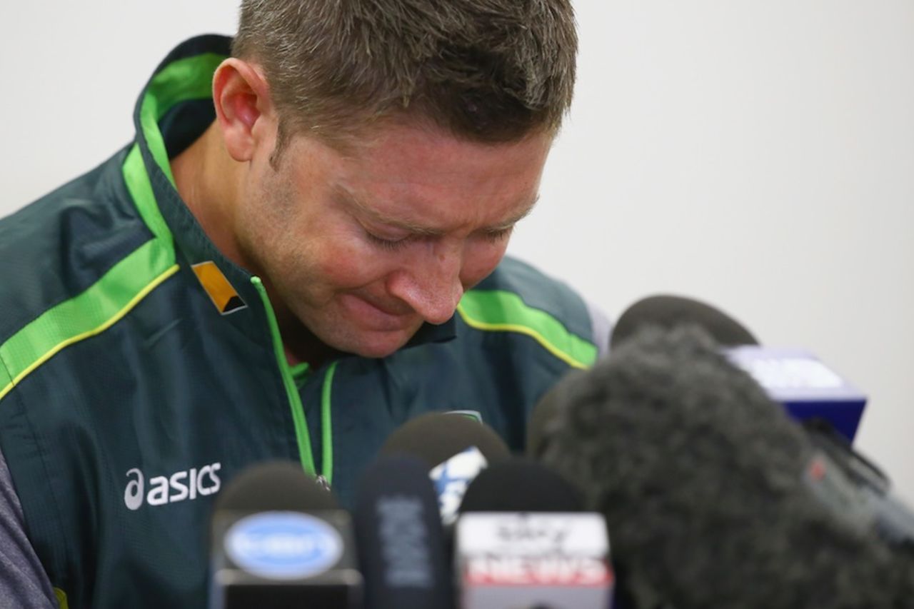 Michael Clarke speaks about Phillip Hughes on behalf of the Australian team, Sydney, November 29, 2014