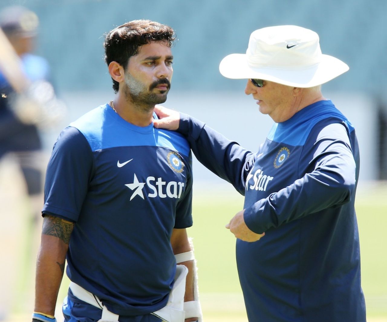 Duncan Fletcher talks to M Vijay at a net session at the Adelaide Oval, Adelaide, November 29, 2014
