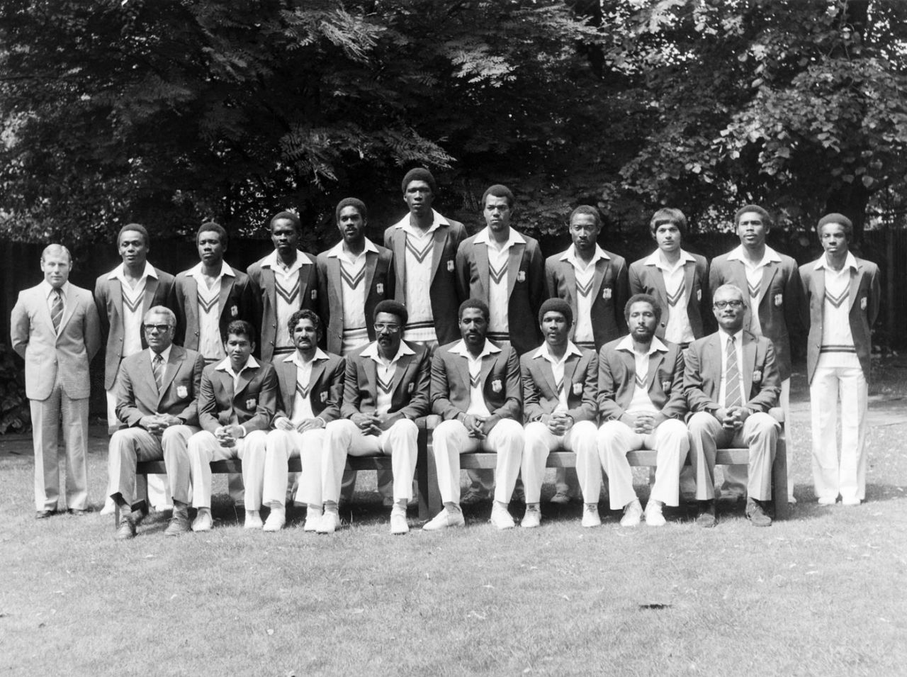The West Indies squad on tour in England. Back row (left to right): physio DJ Waight, Desmond Haynes, Malcolm Marshall, Collis King, Michael Holding, Joel Garner, Colin Croft, D Parrey, Faoud Bacchus, Gordon Greenidge and David Murray. Front row: manager Clyde Walcott, Alvin Kallicharran, Deryck Murray, Clive Lloyd (captain), Viv Richards, Lawrence Rowe, Andy Roberts, and assistant manager Cammie Smith, June 1980