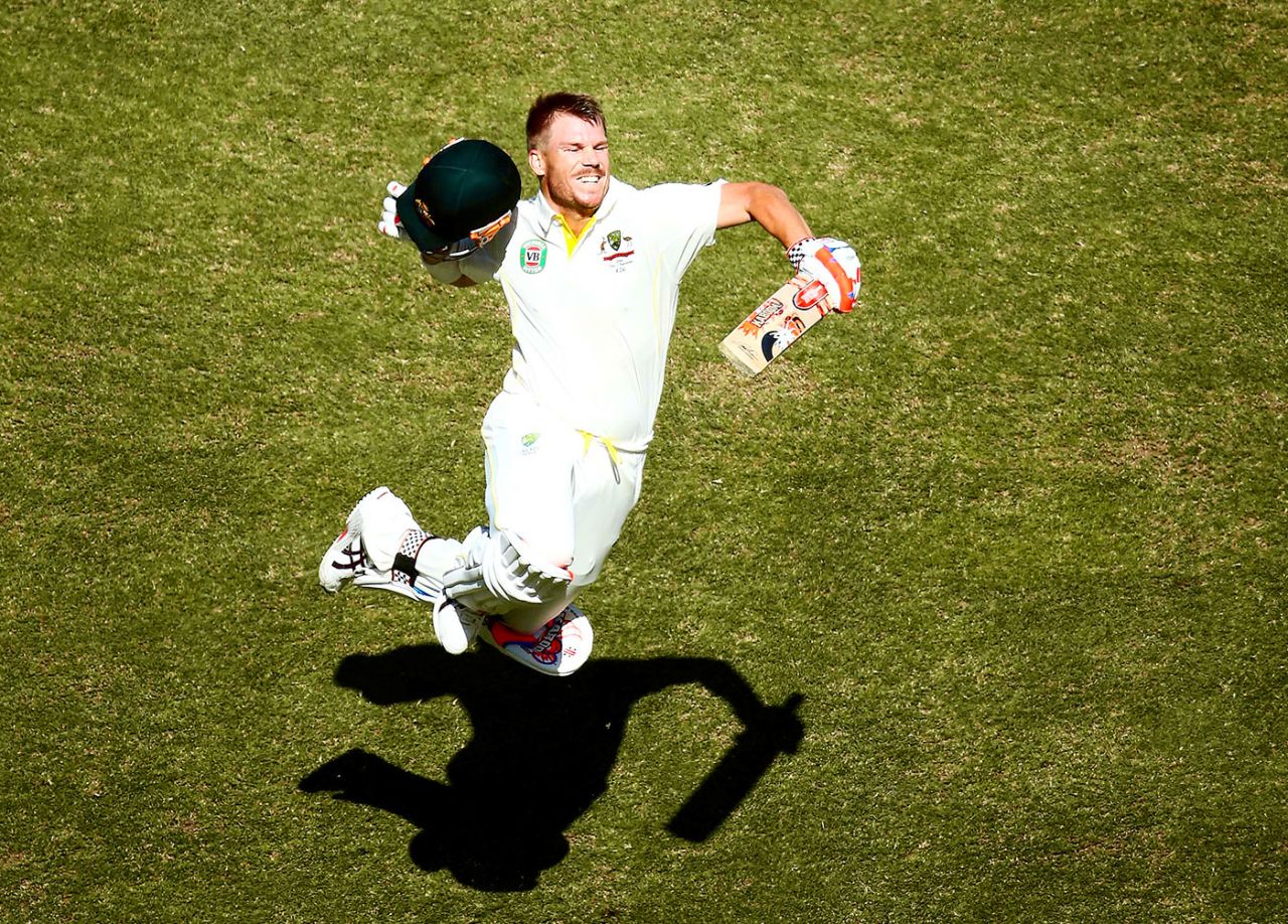David Warner celebrates his century, Pakistan v Australia, 1st Test, Dubai, 3rd day, October 24, 2014