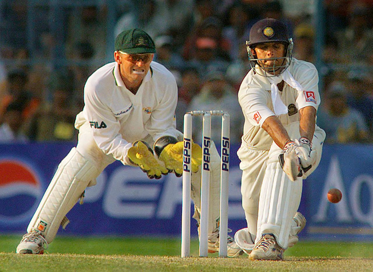 Rahul Dravid sweeps during his 180, India v Australia, 2nd Test, Kolkata, 4th day, March 14, 2001