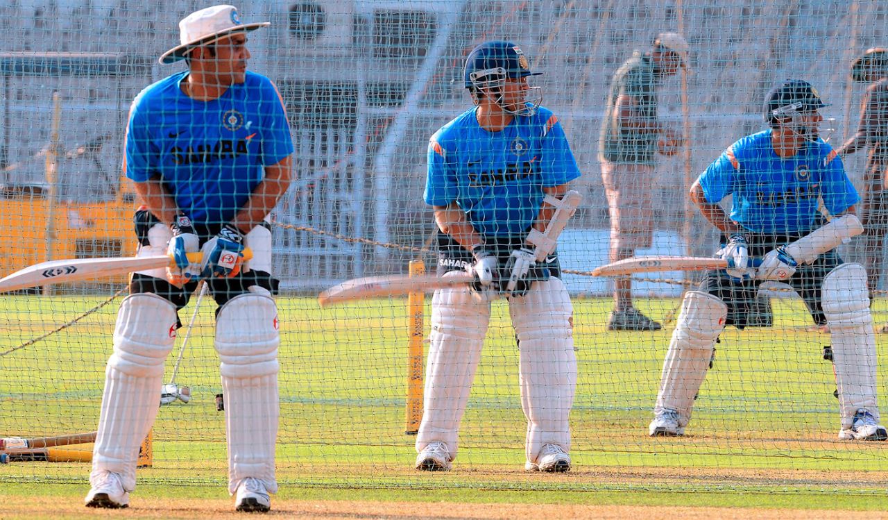Virender Sehwag, Sachin Tendulkar and Rahul Dravid at a nets session, Mumbai, November 30, 2009
