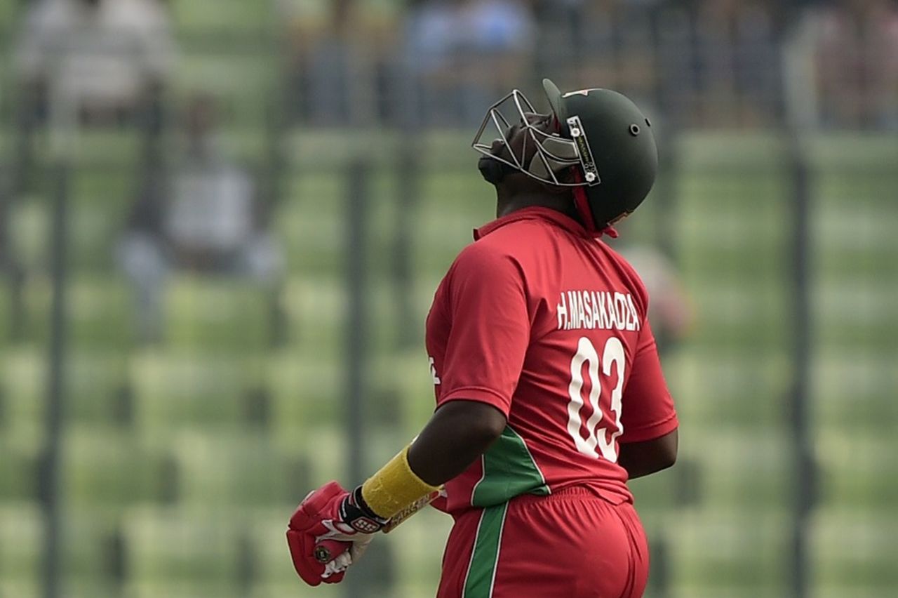 Hamilton Masakadza looks up after reaching his fifty, Bangladesh v Zimbabwe, 5th ODI, Mirpur, December 1, 2014