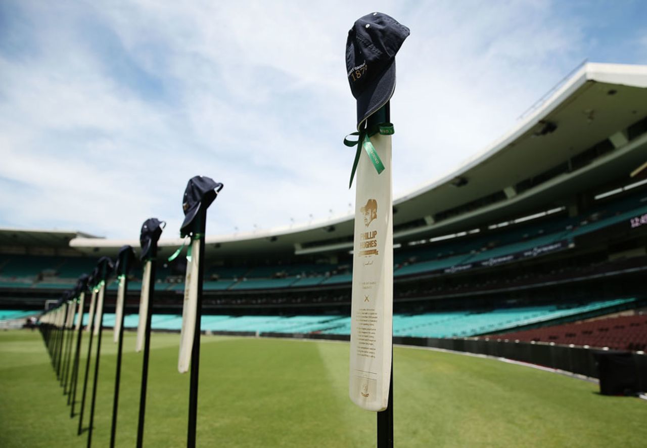 Sixty-three bats are displayed at the SCG in remembrance of Phillip Hughes, Sydney, December 3, 2014
