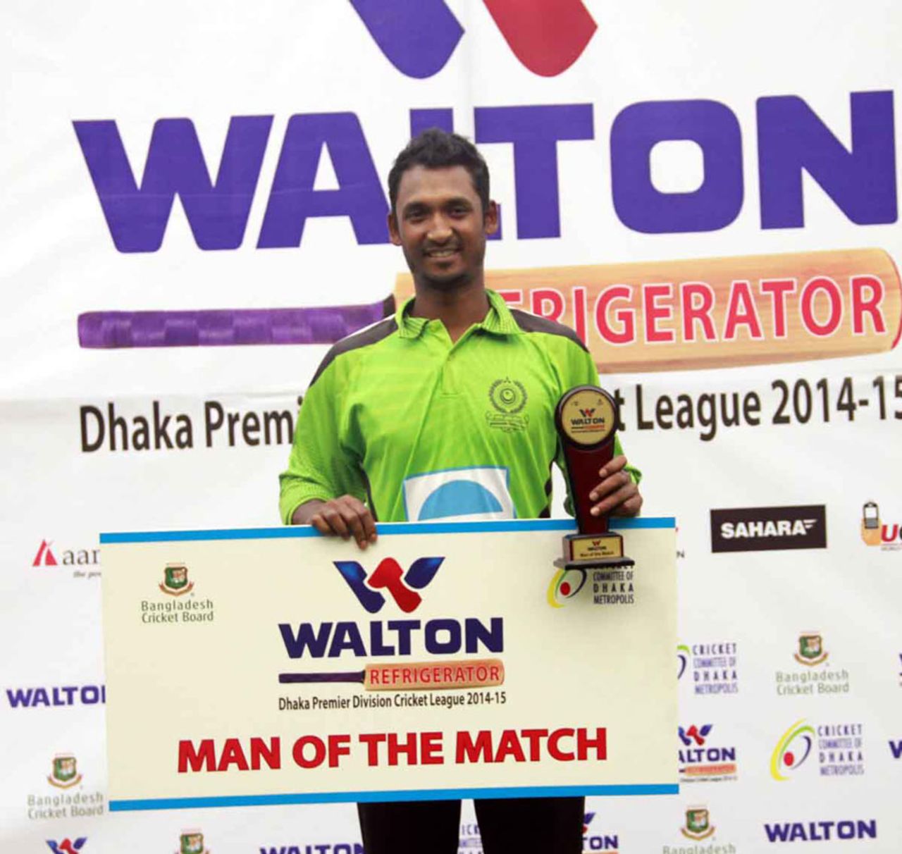 Naeem Islam poses with the Man-of-the-Match award, Mohammedan Sporting Club v Sheikh Jamal Dhanmondi Club, Dhaka Premier Division, Mirpur, December 3, 2014