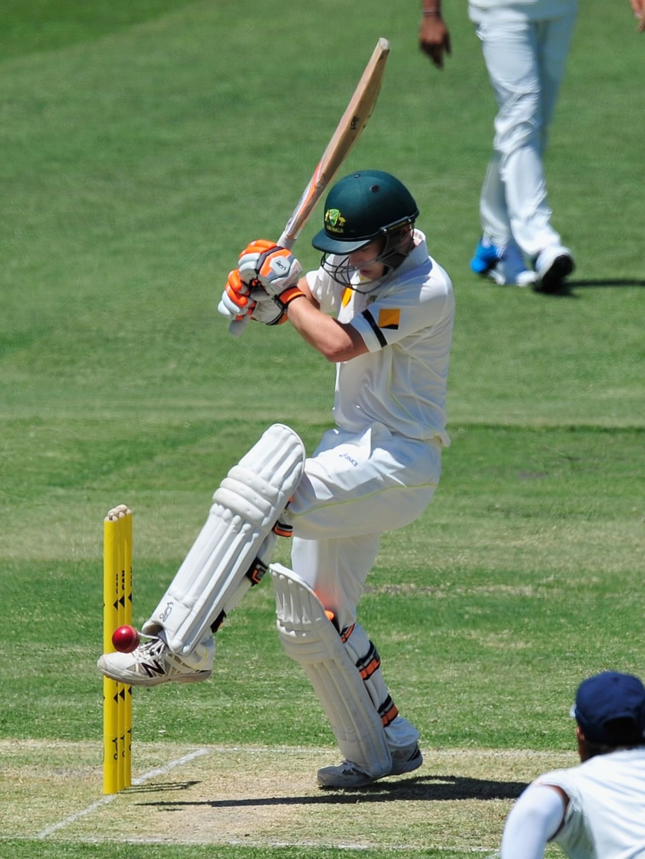 A nimble Jake Doran kicks the ball away from his stumps, Cricket Australia XI v Indians, 1st day, Tour match, Adelaide
