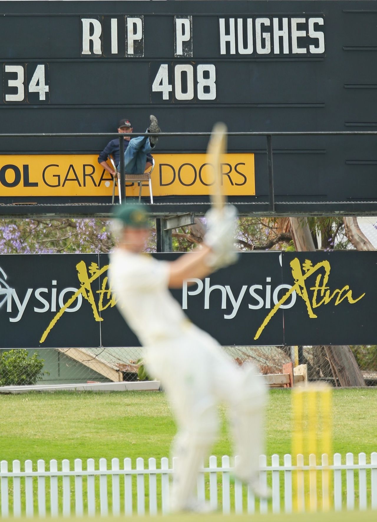 The scoreboard displays a tribute to Phillip Hughes, Cricket Australia XI v Indians, 1st day, Tour match, Adelaide