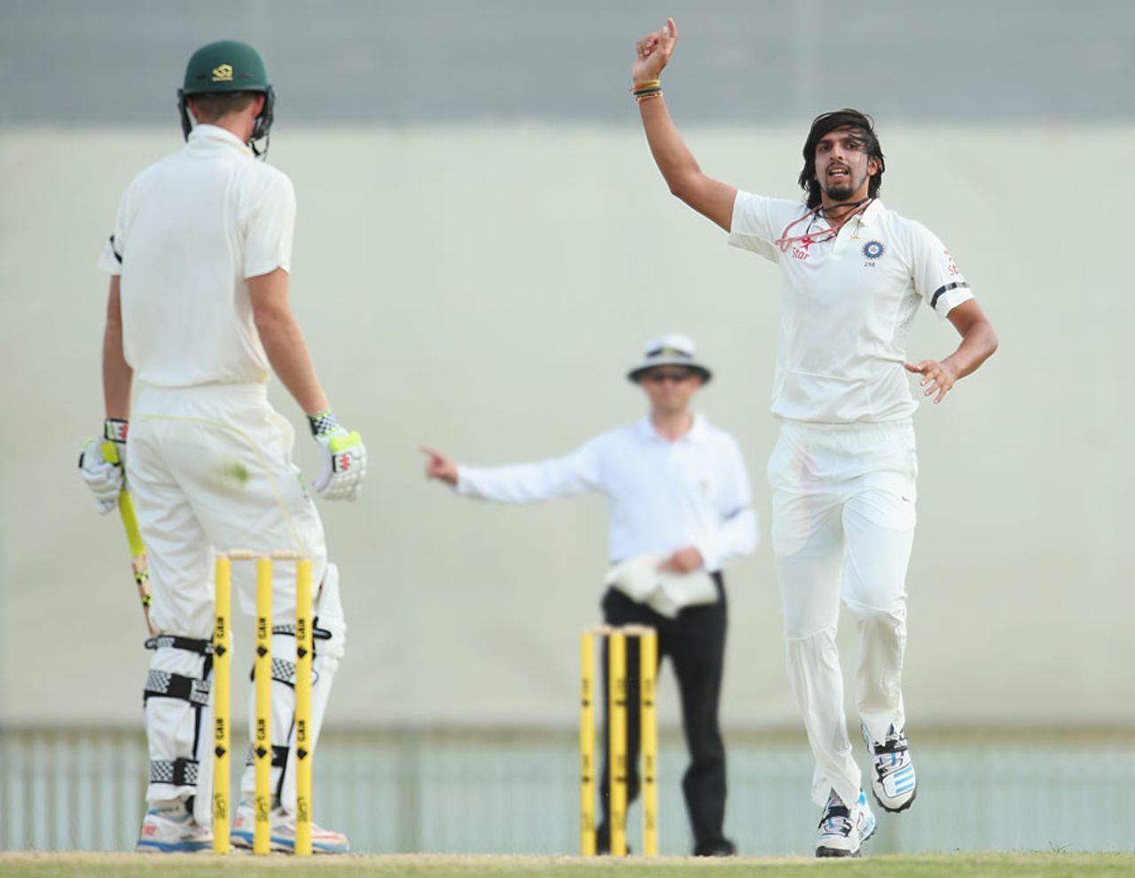 Another no-ball? In fact, the umpire is raising his finger to give Ishant Sharma the wicket of Alex Keath, Cricket Australia XI v Indians, Tour match, Adelaide, 2nd day, December 5, 2014