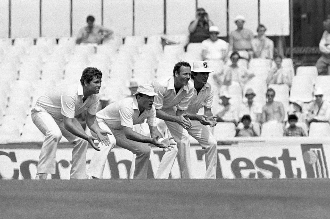 Slips cast: Lance Cairns, Jeff Crowe, Jeremy Coney and Geoff Howarth, England v New Zealand, 1st Test, The Oval, 1st day, July 14, 1983