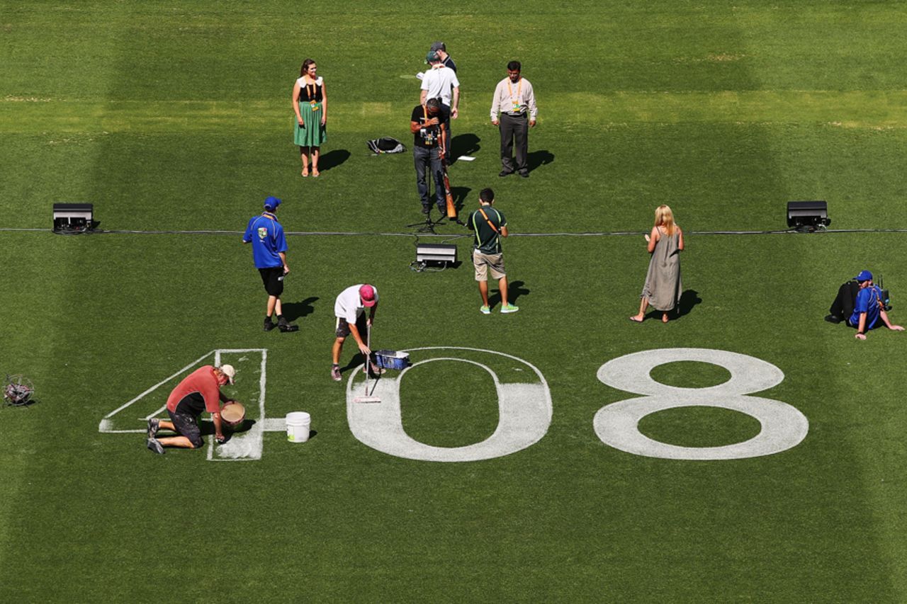 Phillip Hughes' Test cap number is painted on the Adelaide Oval outfield, Adelaide, December 8, 2014