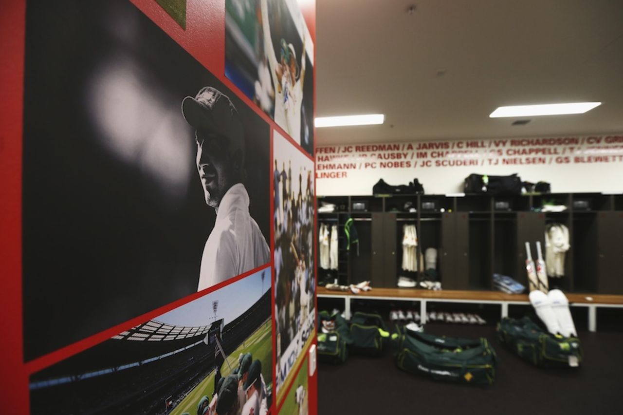 A photo of Phillip Hughes in Australia's dressing room, Australia v India, 1st Test, Adelaide, 1st day, December 9, 2014