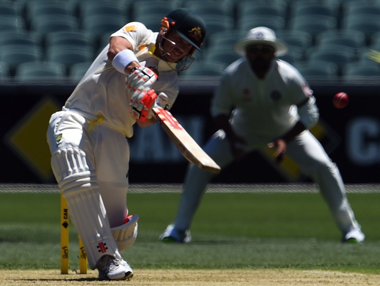 David Warner hits over the top, Australia v India, 1st Test, Adelaide, 1st day, December 9, 2014