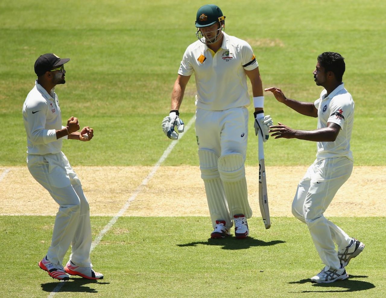 Varun Aaron and Virat Kohli celebrate Shane Watson's wicket, Australia v India, 1st Test, Adelaide, 1st day, December 9, 2014
