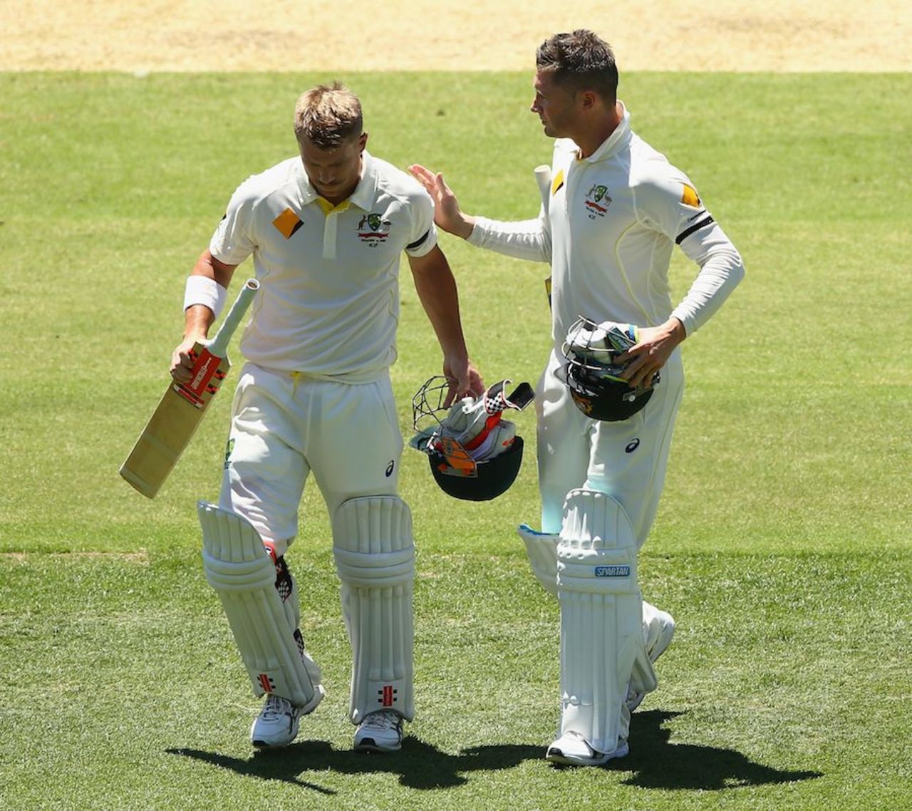David Warner and Michael Clarke go off for lunch, Australia v India, 1st Test, Adelaide, 1st day, December 9, 2014
