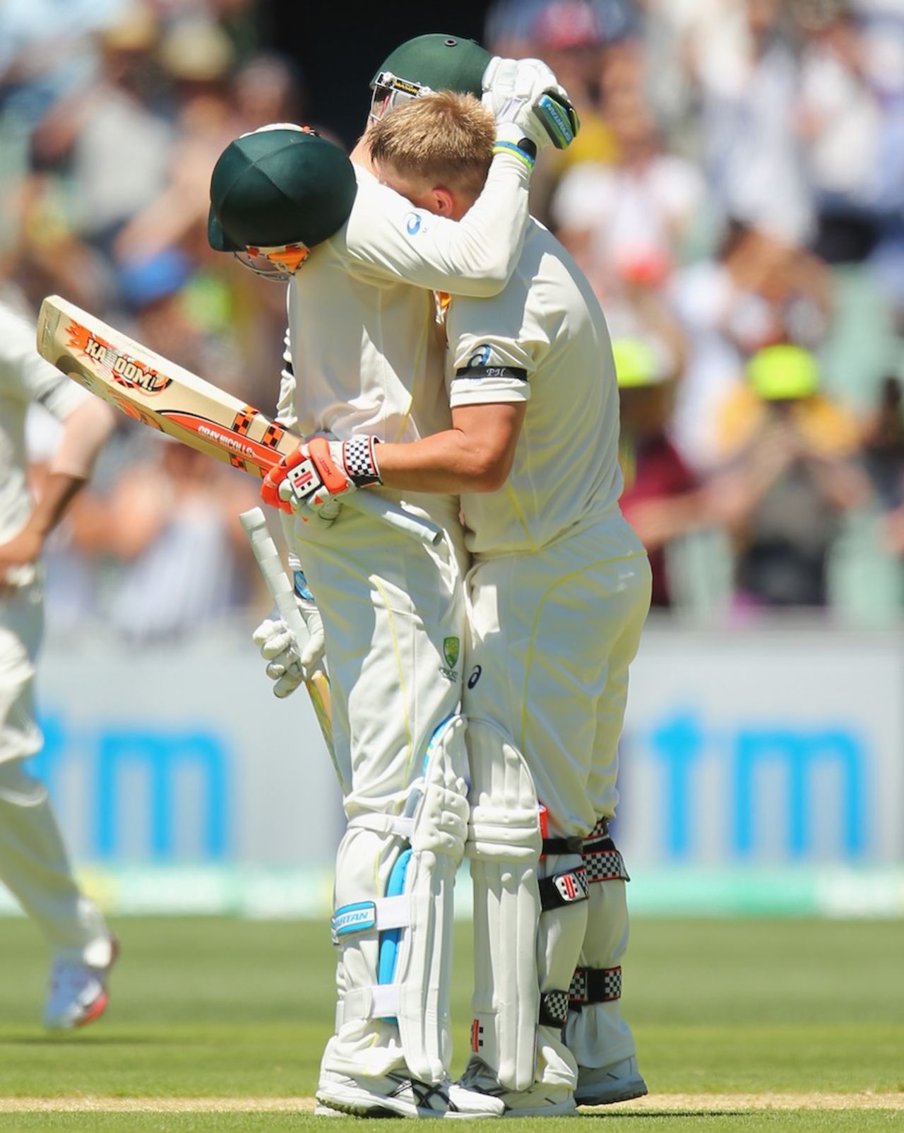 Michael Clarke embraces an emotional David Warner, Australia v India, 1st Test, Adelaide, 1st day, December 9, 2014